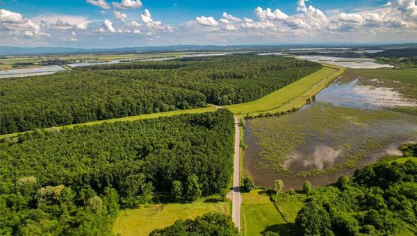Aerial drone view of a wetland floodplain and river beside a rural road